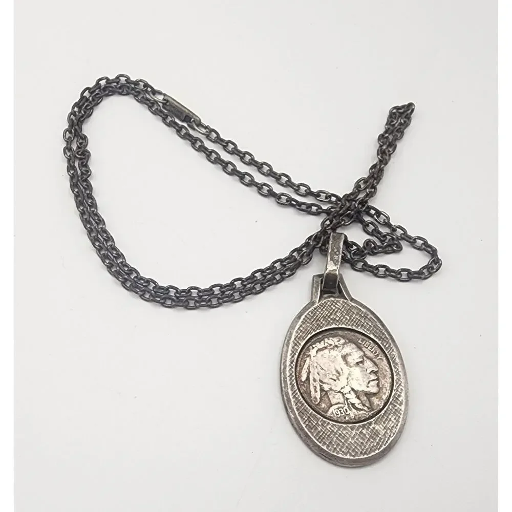 Vintage 1930 Indian Head Nickel Silver Pendant Necklace with Chain Jewelry
